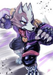 Rule 34 | 1boy, absurdres, angry, body fur, brown eyes, cropped torso, enso turtle, eyepatch, full body, furry, furry male, grey fur, highres, jacket, looking at viewer, male focus, multiple boys, nintendo, purple jacket, red eyes, sharp teeth, shoulder spikes, simple background, solo, spikes, star fox, super smash bros., teeth, white background, wolf boy, wolf o&#039;donnell