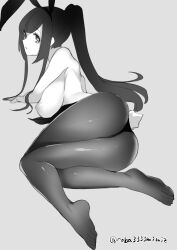 Rule 34 | 1girl, absurdres, animal ears, ass, breasts, breasts out, fake animal ears, feet, highres, large breasts, leotard, long hair, looking at viewer, lying, monochrome, nipples, on side, pantyhose, parted lips, ponytail, rabbit ears, solo, toes