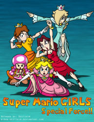 Rule 34 | 4girls, arms up, blonde hair, blue background, blue eyes, brown hair, crown, donkey kong (1981 game), donkey kong (series), dragon ball, dress, earrings, english text, flower earrings, ginyu force, ginyu force pose, gloves, gradient background, hair over one eye, hand up, high heels, jewelry, legs, long hair, looking at viewer, mario (series), mario tennis, multiple girls, nintendo, parody, pauline (mario), princess daisy, princess peach, red dress, rosalina, shadow, short hair, simple background, super mario bros. 1, super mario galaxy, super mario land, toadette, tomboy, tsurime, watermark, white gloves