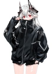 Rule 34 | 1girl, arknights, black horns, black jacket, commentary, covered mouth, cowboy shot, ear piercing, gawako, hair between eyes, hair ornament, hand up, highres, horns, jacket, long hair, long sleeves, looking at viewer, mudrock (arknights), piercing, pointy ears, red eyes, silver hair, simple background, sleeves past wrists, solo, symbol-only commentary, white background, zipper, zipper pull tab