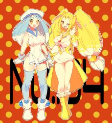 Rule 34 | 2girls, :d, ;d, alternate color, arms at sides, azumarill, blonde hair, blue thighhighs, blush, boots, breasts, cleavage, clenched hand, creatures (company), dress, female focus, full body, game freak, gen 2 pokemon, gloves, hand up, hat, holding hands, long hair, low-tied long hair, multiple girls, nintendo, one eye closed, open mouth, pokedex number, pokemon, pokemon (creature), polka dot, polka dot background, red background, red neckwear, sailor dress, sailor hat, shiny and normal, shiny pokemon, smile, standing, thighhighs, twintails, white footwear, white gloves, white hat, yellow eyes, yellow footwear