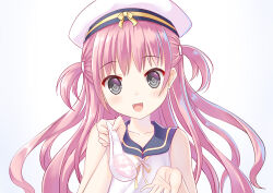 Rule 34 | 1girl, :d, blue sailor collar, blush, child, commentary request, dress, fang, floating hair, grey eyes, hair between eyes, hand up, hat, highres, holding, holding spoon, incoming food, katou umi, long hair, looking at viewer, neck ribbon, oku no ma, open mouth, purple hair, ribbon, sailor collar, sailor dress, sailor hat, sleeveless, sleeveless dress, smile, solo, spoon, straight-on, summer pockets, two side up, upper body, white dress, white hat, yellow ribbon