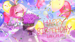 Rule 34 | + +, 1girl, absurdres, animal ear fluff, animal ears, azuchi momo, balloon, bouquet, bow, collared dress, dress, fang, field, flower, flower field, frilled dress, frills, green hair, hair over one eye, hair ribbon, happy birthday, highres, holding, holding bouquet, juliet sleeves, long sleeves, looking at viewer, multicolored hair, nijisanji, parted bangs, pink eyes, pink flower, pink hair, pink rose, puffy sleeves, ribbon, rose, short hair, smile, solo, thick eyelashes, virtual youtuber, white dress, yurakusai