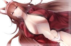 Rule 34 | 1girl, absurdres, amagi (azur lane), animal ears, azur lane, blunt bangs, breasts, breasts apart, brown eyes, brown hair, collarbone, commentary request, fox ears, fox girl, fox tail, hair ornament, highres, japanese clothes, kimono, kitsune, large breasts, long hair, looking at viewer, navel, open clothes, open kimono, panties, red kimono, samip, sidelocks, smile, solo, tail, underwear, very long hair, white panties