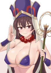 Rule 34 | 1girl, absurdres, bead necklace, beads, bikini, breasts, bridal gauntlets, brown eyes, brown hair, covered erect nipples, earrings, fate/grand order, fate (series), hat, highres, hoop earrings, jewelry, large breasts, liu han, long hair, necklace, purple bikini, revision, shakujou, solo, staff, swimsuit, xuangzang sanzang (fate)