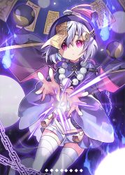 Rule 34 | 1girl, aura, bead necklace, beads, chain, coin hair ornament, dress, genshin impact, ghost, hair between eyes, hair ornament, hat, jewelry, jiangshi, looking at viewer, multicolored background, necklace, purple dress, purple eyes, purple hair, qingdai guanmao, qiqi (genshin impact), sal gun, thighhighs, wide sleeves