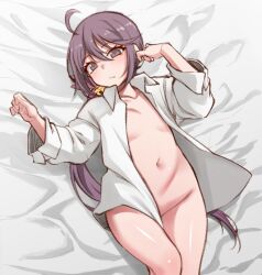 Rule 34 | 1girl, akebono (kancolle), bed sheet, bell, blush, closed mouth, collarbone, collared shirt, flower, groin, hair bell, hair between eyes, hair flower, hair ornament, jingle bell, kantai collection, long hair, long sleeves, navel, one-hour drawing challenge, open clothes, open shirt, pink flower, purple eyes, purple hair, shirt, side ponytail, solo, white shirt, yuki to hana