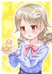 Rule 34 | 1girl, :d, animal, bird, blue shirt, blue skirt, blush, bow, brown eyes, brown hair, collared shirt, dress shirt, earrings, hair ornament, hands up, highres, holding, holding animal, idolmaster, idolmaster cinderella girls, jewelry, long hair, long sleeves, looking away, morikubo nono, open mouth, parted bangs, pink bow, plaid, plaid shirt, regular mow, ringlets, shirt, skirt, smile, solo, stud earrings, yellow background