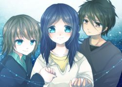 10s 1girl 2boys black_hair blue_eyes blue_hair boy_sandwich brown_eyes hiradaira_chisaki isaki_kaname kihara_tsumugu long_hair mayupon1114 mayupon_(choco_milk) multiple_boys nagi_no_asukara sandwiched short_hair silver_hair