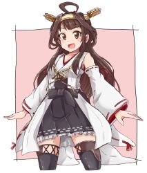 Rule 34 | 1girl, bad id, bad pixiv id, black skirt, boots, brown eyes, brown hair, brown thighhighs, collarbone, detached sleeves, double bun, hair bun, hairband, headgear, highres, japanese clothes, kantai collection, kongou (kancolle), kongou kai ni (kancolle), long hair, looking at viewer, nontraditional miko, pink background, ribbon-trimmed sleeves, ribbon trim, roku kyuu, skirt, smile, solo, standing, thigh boots, thighhighs, two-tone background, white background, wide sleeves