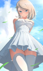 Rule 34 | 1girl, bare shoulders, blonde hair, blue eyes, blue sky, blush, breasts, closed mouth, cloud, collarbone, day, dress, from below, implied futanari, medium breasts, off-shoulder dress, off shoulder, original, outdoors, panties, short hair, sky, smile, solo, swept bangs, thighhighs, tontekiss1, tontekiss (artist), underwear, upskirt, white dress, white panties, white thighhighs, wind