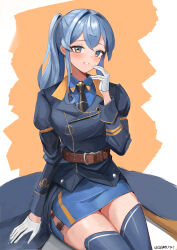 Rule 34 | 1girl, absurdres, alternate hairstyle, blue eyes, blue hair, blue skirt, blue thighhighs, blush, breasts, dawn 1945, gloves, gotland (kancolle), hair between eyes, half gloves, highres, kantai collection, long hair, long sleeves, looking at viewer, medium breasts, military uniform, mole, mole under eye, necktie, shirt, sitting, skirt, smile, solo, thighhighs, twitter username, uniform, white background, white gloves, yellow background