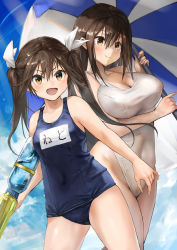 Rule 34 | 2girls, bare arms, bare shoulders, black one-piece swimsuit, blush, breasts, brown eyes, brown hair, chikuma (kancolle), cleavage, closed mouth, collarbone, cowboy shot, day, hair between eyes, hair ribbon, highres, holding, holding water gun, kantai collection, large breasts, long hair, multiple girls, name tag, one-piece swimsuit, open mouth, parasol, ribbon, small breasts, smile, swimsuit, toka (marchlizard), tone (kancolle), twintails, umbrella, water gun, white ribbon, white one-piece swimsuit