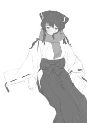 Rule 34 | 1girl, absurdres, blush, bow, closed mouth, commentary request, enpera, expressionless, feet out of frame, greyscale, hair between eyes, hair bow, hair tubes, hakama, hakama skirt, hakurei reimu, highres, hip vent, japanese clothes, kimono, long hair, long sleeves, looking at viewer, miko, monochrome, reisende1969, ribbon trim, scarf, simple background, sitting, skirt, solo, touhou, white background, white kimono, wide sleeves