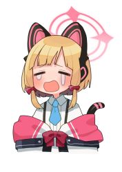 Rule 34 | 13 (spice!!), 1girl, animal ear headphones, animal ears, blonde hair, blue archive, blue necktie, blush, bow, cat ear headphones, cat tail, closed eyes, commentary, crying, fake animal ears, hair bow, halo, headphones, highres, jacket, jacket over shoulder, unworn jacket, momoi (blue archive), necktie, open mouth, red bow, shirt, short hair, sidelocks, solo, suspenders, tail, upper body, white background, white jacket, white shirt, wing collar