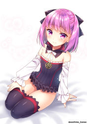Rule 34 | 1girl, aoshima kanae, bare shoulders, bed sheet, black bow, black collar, black dress, black thighhighs, blush, bow, closed mouth, collar, detached collar, detached sleeves, dress, dutch angle, fate/grand order, fate (series), fingernails, frilled dress, frills, hair bow, helena blavatsky (fate), lap pillow invitation, long sleeves, looking at viewer, purple eyes, purple hair, seiza, short hair, sitting, sleeves past wrists, smile, solo, strapless, strapless dress, thighhighs, twitter username