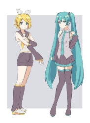 Rule 34 | 2girls, bad id, bad pixiv id, blonde hair, blue hair, boots, bow hairband, collared shirt, crop top, detached sleeves, full body, green eyes, hairband, hatsune miku, highres, kagamine rin, leg warmers, long hair, long sleeves, multiple girls, neckerchief, necktie, pleated skirt, sailor collar, shirt, short hair, shorts, skirt, sleeveless, sleeveless shirt, thigh boots, twintails, very long hair, vocaloid, yakkl