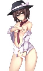 Rule 34 | 1girl, black hat, blush, bottomless, bow, breasts, brown eyes, brown hair, collarbone, covering breasts, covering privates, cowboy shot, gluteal fold, hat, hat bow, janne cherry, looking at viewer, necktie, open clothes, open shirt, red necktie, shirt, shirt tug, short hair, small breasts, solo, touhou, usami renko, white bow, white shirt