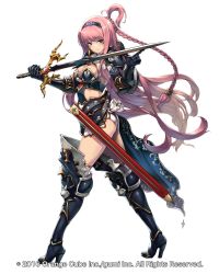 Rule 34 | 1girl, armor, ass, blue eyes, braid, breasts, cleavage, covered navel, full body, gauntlets, hairband, high heels, holding, holding sword, holding weapon, large breasts, long hair, looking at viewer, neo-masterpeacer, official art, pink hair, sheath, smile, solo, sword, thighhighs, very long hair, weapon, white thighhighs