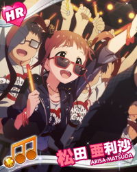 Rule 34 | 10s, 1girl, :d, beamed quavers, bracelet, brown eyes, brown hair, card (medium), character name, glasses, glowstick, idolmaster, idolmaster million live!, jewelry, matsuda arisa, musical note, necklace, official art, opaque glasses, open mouth, smile, solo focus, sunglasses, twintails