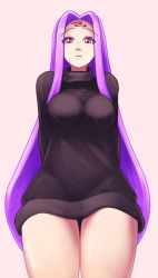 Rule 34 | 1girl, azzypics, black sweater, bottomless, breasts, facial mark, fate/grand order, fate/hollow ataraxia, fate/stay night, fate (series), forehead mark, highres, large breasts, long hair, looking at viewer, looking down, medusa (fate), medusa (rider) (fate), pink eyes, purple hair, solo, sweat, sweatdrop, sweater, very long hair