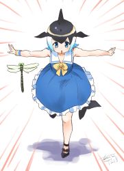 Rule 34 | 1girl, bare shoulders, black footwear, black hair, blonde hair, blowhole, blue dress, blue eyes, blue hair, blush, bow, bowtie, bug, cetacean tail, commentary, common dolphin (kemono friends), dolphin girl, dorsal fin, dragonfly, dress, fanta (the banana pistols), fins, fish tail, footwear bow, frilled dress, frills, full body, highres, insect, kemono friends, looking at viewer, multicolored hair, outstretched arms, sailor collar, sailor dress, short hair, sleeveless, solo, standing, standing on one leg, symbol-only commentary, tail, wristband, yellow bow, yellow bowtie