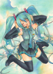 Rule 34 | 1girl, aoi yuuka (ao no kokoro), blush, detached sleeves, closed eyes, green hair, hatsune miku, long hair, marker (medium), necktie, open mouth, sitting, skirt, smile, solo, thighhighs, traditional media, twintails, very long hair, vocaloid, wariza