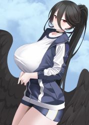 Rule 34 | 1girl, absurdres, black choker, blue archive, blue jacket, blush, breasts, choker, closed mouth, collarbone, hair between eyes, hasumi (blue archive), hasumi (track) (blue archive), highres, huge breasts, jacket, long hair, long sleeves, looking at viewer, low wings, mole, mole under eye, outdoors, ponytail, red eyes, shirt, solo, thighs, tnr (horiko1525), white shirt, wings