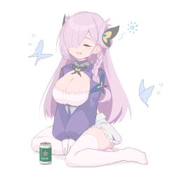 Rule 34 | 1girl, absurdres, alcohol, azur lane, beer, beer can, blue dress, braid, breasts, bug, butterfly, butterfly hair ornament, can, cleavage, cleavage cutout, closed eyes, clothing cutout, dress, drink can, drunk, flying sweatdrops, full body, garter straps, gloves, hair ornament, hair over one eye, haruiroto, highres, insect, large breasts, long hair, long sleeves, louisville (azur lane), miniskirt, parted lips, pink hair, simple background, sitting, skirt, smile, solo, squeans, thighhighs, white background, white garter straps, white gloves, white skirt, white thighhighs