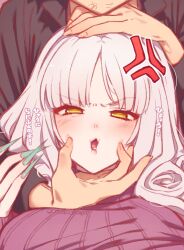 Rule 34 | 1boy, 1girl, anger vein, blush, breasts, carmilla (fate), curly hair, fate/grand order, fate (series), highres, large breasts, long hair, looking at viewer, mitsurugi sugar, open mouth, purple sweater, ribbed sweater, sweater, translation request, turtleneck, turtleneck sweater, white hair, yellow eyes