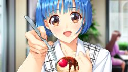 Rule 34 | 1girl, :d, blue hair, blurry, blurry background, blush, brown eyes, collarbone, doukyuusei, food, game cg, highres, holding, holding spoon, ice cream, indoors, looking at viewer, official art, open mouth, shirt, short hair, smile, solo focus, spoon, sumeragi kohaku, tamachi hiromi, upper body, white shirt
