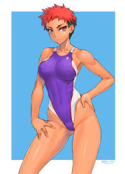 Rule 34 | 1girl, artist name, bang-you, black hair, blue background, commentary request, competition swimsuit, contrapposto, covered erect nipples, covered navel, cowboy shot, dated, hand on own hip, highleg, highleg swimsuit, highres, looking at viewer, multicolored hair, one-piece swimsuit, original, purple one-piece swimsuit, red eyes, red hair, solo, swimsuit, swimsuit under clothes, tan, tomboy, two-tone background, two-tone hair, white background