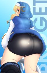Rule 34 | 1boy, artist request, ass, bike shorts, black shorts, blonde hair, bridget (guilty gear), embarrassed, from behind, from below, green eyes, guilty gear, guilty gear strive, highres, hood, huge ass, looking at viewer, looking back, male focus, open mouth, shiny clothes, shiny skin, short hair with long locks, short shorts, shorts, skirt, solo, trap