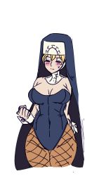 Rule 34 | 184nx, 1girl, blonde hair, blush, breasts, cleavage, colorized, covered navel, double (skullgirls), closed eyes, fishnets, highres, large breasts, leotard, nun, skullgirls, solo, sweatdrop, third-party edit, white background, wrist cuffs