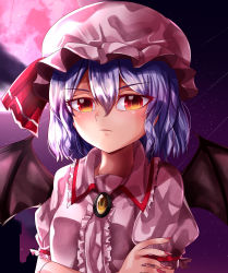 Rule 34 | 1girl, absurdres, bat wings, black wings, blouse, breasts, brooch, center frills, closed mouth, collared shirt, commentary request, crossed arms, falling star, fingernails, frilled shirt collar, frilled sleeves, frills, frown, hair between eyes, hat, hat ribbon, highres, jewelry, looking at viewer, mahoro (minase mahoro), mob cap, moon, nail polish, orange eyes, outdoors, pink hat, pink shirt, puffy short sleeves, puffy sleeves, purple hair, purple sky, red moon, red nails, red ribbon, remilia scarlet, ribbon, sharp fingernails, shirt, short hair, short sleeves, sky, small breasts, solo, star (sky), starry sky, touhou, upper body, v-shaped eyebrows, wings, yellow brooch