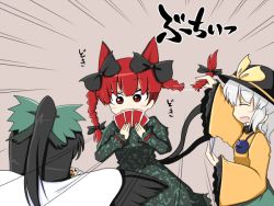 Rule 34 | 3girls, animal ears, bad id, bad pixiv id, black hair, black wings, bow, braid, cape, card, cat ears, cat girl, cat tail, closed eyes, covering face, covering own mouth, covering privates, dress, extra ears, female focus, green dress, hair bow, hair ribbon, hat, kaenbyou rin, komeiji koishi, multiple girls, multiple tails, nekomata, playing card, ponytail, red eyes, red hair, reiuji utsuho, ribbon, ripping, rokunen, shirt, silver hair, skirt, tail, third eye, touhou, twin braids, wings