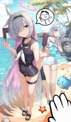 Rule 34 | 2girls, absurdres, arm behind back, doodle sensei (blue archive), arona (blue archive), bare shoulders, beach, black choker, black footwear, black neckerchief, black one-piece swimsuit, blue archive, blue hair, blue sky, blurry, braid, breasts, choker, cloud, collarbone, colored inner hair, commentary, day, depth of field, eating, food, full body, grey hair, hair over one eye, hair ribbon, halo, hands up, highres, holding, holding food, holding ice cream, ice cream, long hair, looking at another, multicolored hair, multiple girls, neckerchief, ocean, one-piece swimsuit, one eye covered, outdoors, palm tree, parted lips, pink hair, pink halo, plana (blue archive), ribbon, sailor collar, sailor one-piece swimsuit, sandals, school swimsuit, sensei (blue archive), short hair, side braid, sky, small breasts, spoken character, standing, starfish, sunnillust, swimsuit, thigh strap, tree, very long hair, whale, white choker, white one-piece swimsuit, white ribbon
