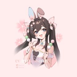 Rule 34 | 1girl, :d, animal ears, bare shoulders, blue eyes, blush, bow, breasts, brown hair, cherry blossoms, cleavage, commission, cropped torso, dango, detached collar, dot nose, dress, fake animal ears, food, hair between eyes, hair bow, hair intakes, hands up, highres, holding, holding food, indie virtual youtuber, large breasts, lilpalette, long hair, looking at viewer, nenmie (vtuber), off-shoulder dress, off shoulder, open mouth, pink background, pink bow, pinstripe bow, rabbit ears, sidelocks, simple background, smile, solo, twintails, wagashi, watermark, white dress