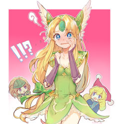 Rule 34 | !?, 1boy, 2girls, armor, black gloves, blonde hair, blue eyes, blush, bow, breasts, bridal gauntlets, brown hair, charlotte (seiken densetsu 3), chibi, cleavage, commentary, dress, duran (seiken densetsu 3), embarrassed, finger to mouth, forehead jewel, full-face blush, gloves, gradient background, green bow, green dress, green headwear, hair bow, hand on own face, hat, head steam, helmet, highres, jester cap, light frown, long hair, looking at viewer, low-tied long hair, medium breasts, multiple girls, open mouth, parted bangs, pauldrons, pink background, red headwear, riesz, seiken densetsu, seiken densetsu 3, short dress, shoulder armor, sleeveless, sleeveless dress, standing, sweatdrop, tearing up, touyama soboro, very long hair, winged helmet