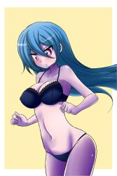 Rule 34 | 1girl, :&lt;, black bra, black panties, blue hair, blush, bra, breasts, cleavage, clenched hands, cowboy shot, embarrassed, expressionless, floating hair, hair ornament, large breasts, lingerie, long hair, lucy (lucyfer), lucyfer, navel, original, panties, red eyes, shiny skin, simple background, solo, standing, sweat, thighs, underwear, underwear only, very long hair, wide hips