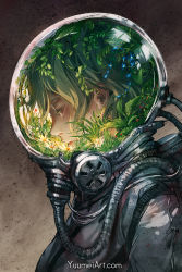 Rule 34 | 1girl, androgynous, artist name, closed eyes, closed mouth, colored eyelashes, commentary, english commentary, expressionless, eyelashes, fishbowl helmet, flower, from side, green hair, highres, medium hair, original, plant, portrait, profile, simple background, solo, surreal, upper body, watermark, web address, yuumei