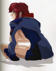 Rule 34 | 00s, 1girl, absurdres, breasts, flay allster, gundam, gundam seed, highres, large breasts, military, military uniform, red hair, sideboob, sitting, solo, thighs, uniform, vector request
