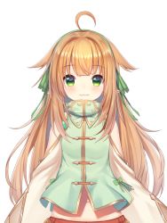 Rule 34 | 1girl, ahoge, bare shoulders, blush, bow, clothing cutout, commentary request, green bow, green eyes, green hairband, green vest, hairband, long hair, long sleeves, looking at viewer, midriff peek, navel, orange hair, original, pointy ears, shoulder cutout, sidelocks, simple background, sleeves past fingers, sleeves past wrists, smile, solo, topia, upper body, vest, white background, wide sleeves