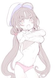 Rule 34 | 1girl, ahoge, beret, clothes lift, commentary request, flat chest, frilled panties, frills, grey hair, hat, hinatsuru ai, lifting own clothes, long hair, looking at viewer, low twintails, mochi (circle rin), open mouth, panties, pink eyes, pink panties, ryuuou no oshigoto!, shirt lift, simple background, sketch, solo, spot color, twintails, underwear, undressing, very long hair