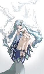Rule 34 | 1girl, aco gbfg, aqua hair, bird, bracelet, closed mouth, commentary request, dove, dress, expressionless, faruzan (genshin impact), full body, genshin impact, green eyes, grey background, hair ornament, hand up, head tilt, highres, jewelry, knees up, looking at viewer, puffy short sleeves, puffy sleeves, short sleeves, simple background, solo, symbol-shaped pupils, triangle-shaped pupils, twintails, white dress, x hair ornament