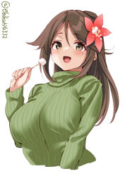 Rule 34 | 1girl, :d, amagi (kancolle), blush, breasts, brown hair, commentary request, ebifurya, flower, green sweater, hair flower, hair ornament, hand up, highres, kantai collection, large breasts, long hair, long sleeves, looking at viewer, mole, mole under eye, open mouth, simple background, smile, solo, sweater, turtleneck, twintails, upper body, white background