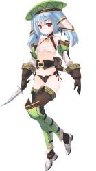 Rule 34 | 1girl, amazuyu tatsuki, aquaplus, armor, armored boots, blue hair, boots, bou (inubou), dungeon travelers 2, elbow gloves, expressionless, flat chest, full body, gloves, hat, highres, holding, holding knife, knife, long hair, official art, panties, red eyes, red hair, side-tie panties, solo, thigh boots, thighhighs, transparent background, tsurara (dungeon travelers 2), underwear