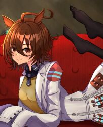 1girl agnes_tachyon_(umamusume) ahoge animal_ears black_necktie black_pantyhose brown_hair coat collared_shirt earrings feet_up hair_between_eyes highres hokuyukis horse_ears horse_girl jewelry lab_coat long_sleeves looking_at_viewer lying necktie on_stomach open_clothes open_coat pantyhose red_eyes shirt short_hair single_earring sleeves_past_fingers sleeves_past_wrists smile solo sweater_vest the_pose umamusume vial yellow_shirt yellow_sweater_vest