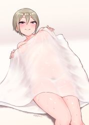 Rule 34 | 1girl, bed sheet, black eyes, blush, breasts, commentary request, gojarun, grey hair, grin, hair between eyes, heart, heart-shaped pupils, highres, idolmaster, idolmaster cinderella girls, lips, looking at viewer, medium breasts, naked sheet, nipples, parted lips, see-through, shiomi syuko, short hair, smile, solo, sweat, symbol-shaped pupils