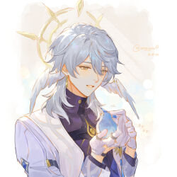 Rule 34 | 1boy, angypuff, animal, bird, dated, earrings, glint, gloves, grey hair, half gloves, halo, halo behind head, hands up, head wings, highres, holding, holding animal, holding bird, honkai: star rail, honkai (series), jacket, jewelry, looking at animal, male focus, medium hair, parted lips, petting, ring, signature, simple background, smile, solo, sunday (honkai: star rail), twitter username, upper body, white background, white gloves, white jacket, wings, yellow eyes